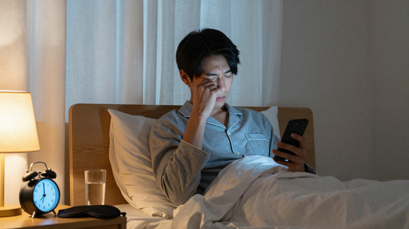 Homem sentado na cama a usar o telemóvel de noite, com despertador e copo de água na mesa de cabeceira.