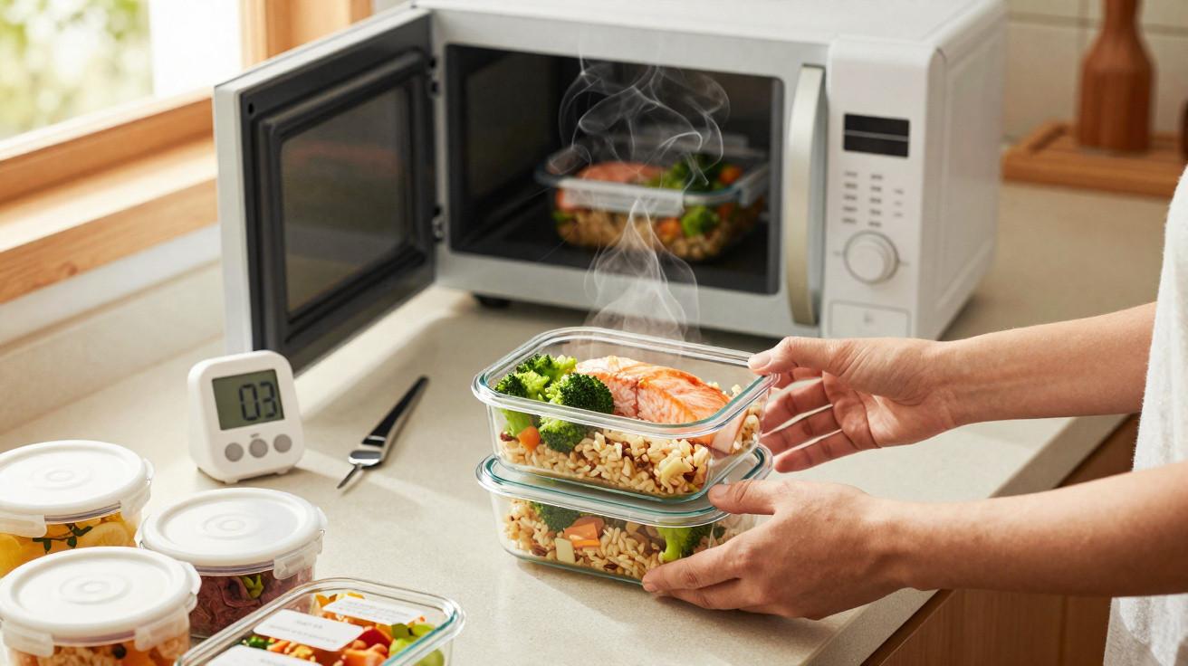 Pessoa a retirar recipiente com refeição quente de micro-ondas numa cozinha iluminada.
