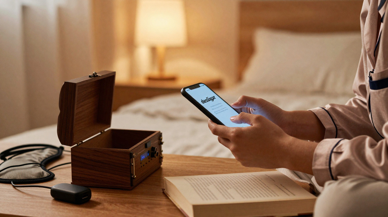 Pessoa sentada na cama a usar telemóvel, com livro aberto, caixa de madeira e máscara de dormir na mesa.
