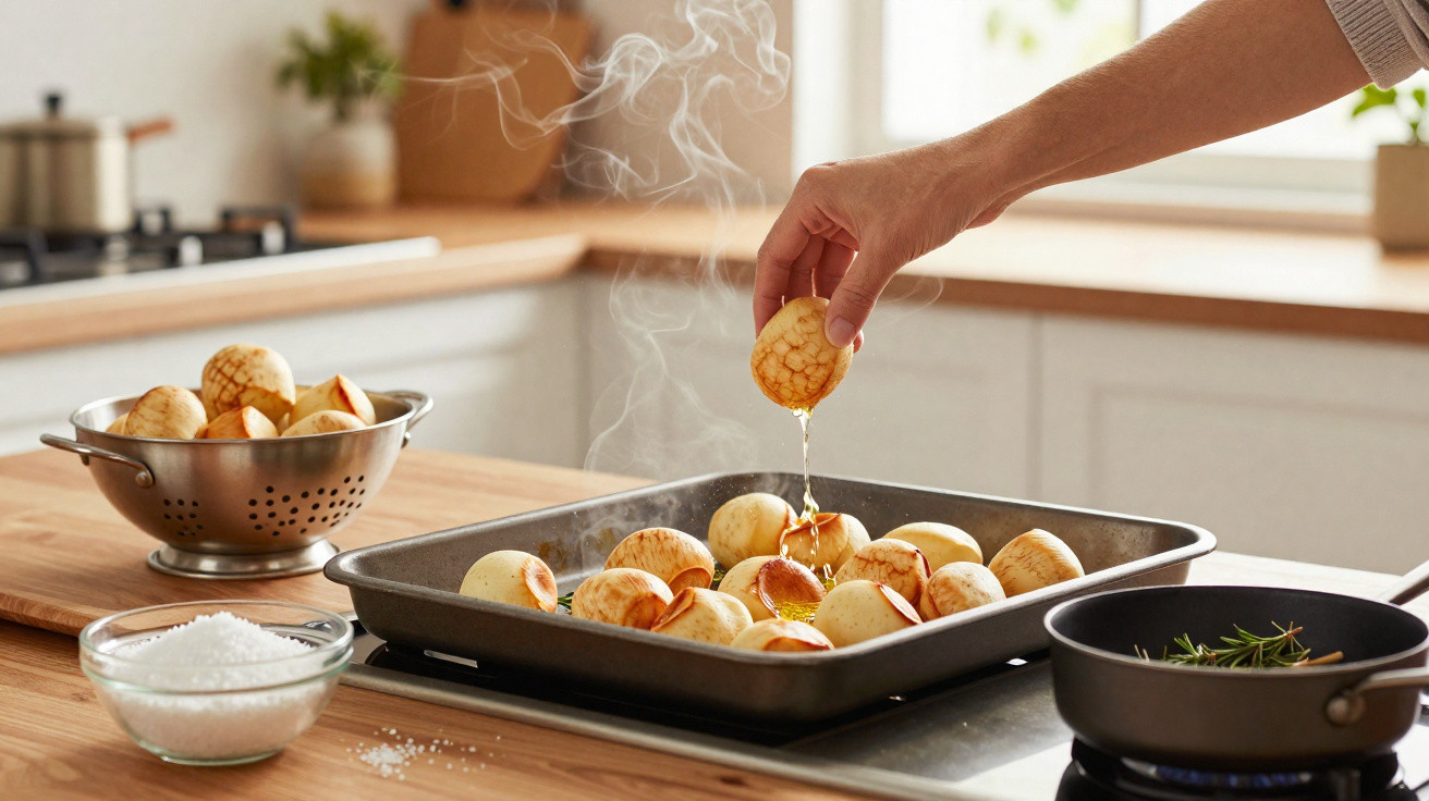 Mão a regar batatinhas em tabuleiro com azeite, sal e ervas numa bancada de cozinha moderna.