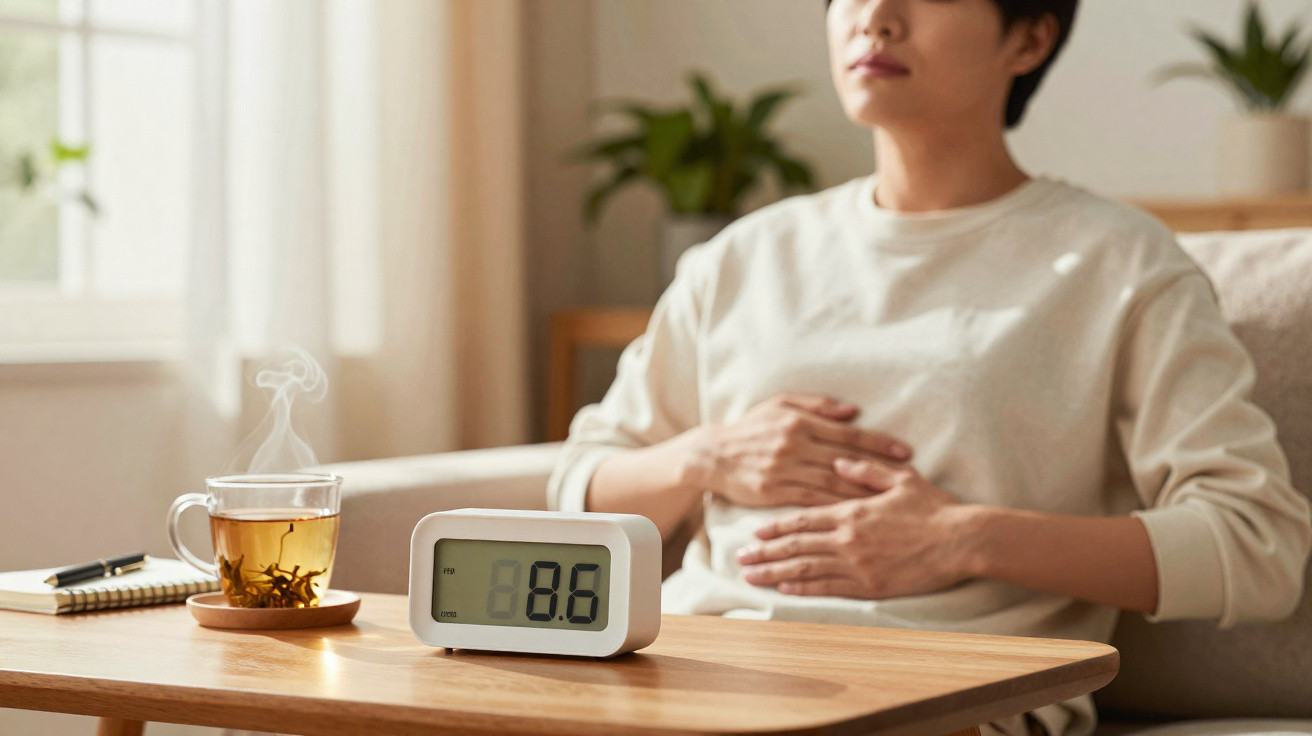 Pessoa sentada com mão na barriga ao fundo, chá quente e termómetro digital a mostrar 38,6ºC numa mesa à frente.