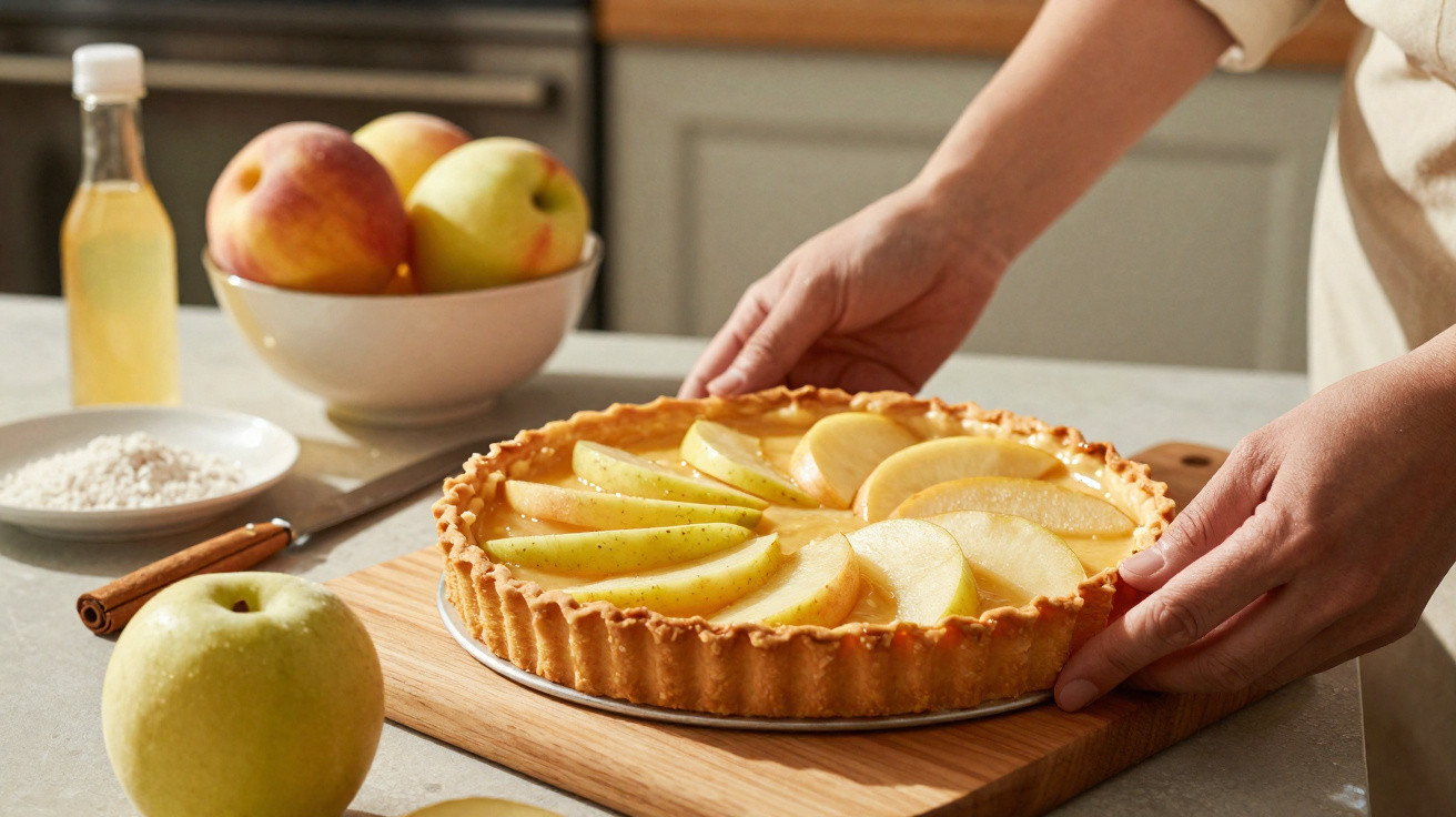 Mãos a colocar tarte de maçã com fatias dispostas em leque sobre tábua de madeira na cozinha.