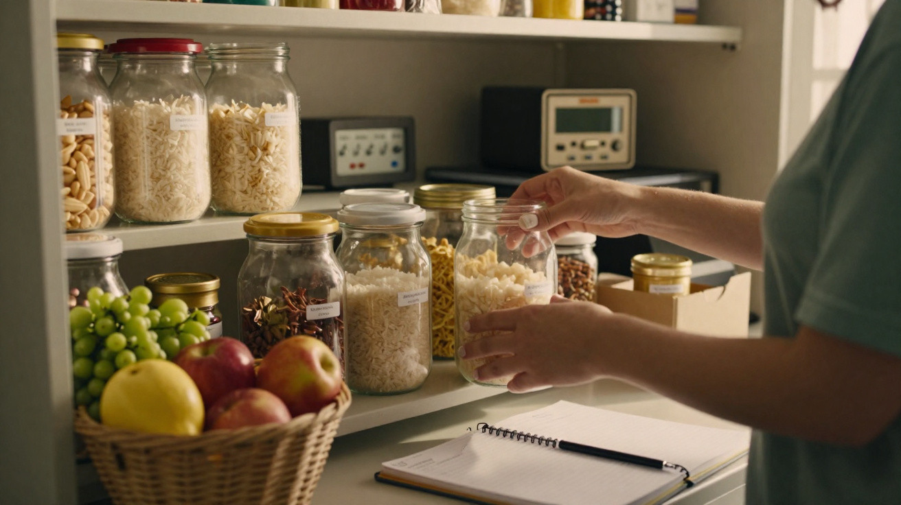 Pessoa a colocar tampa num frasco com massa em prateleira de despensa organizada com frutas e caderno.