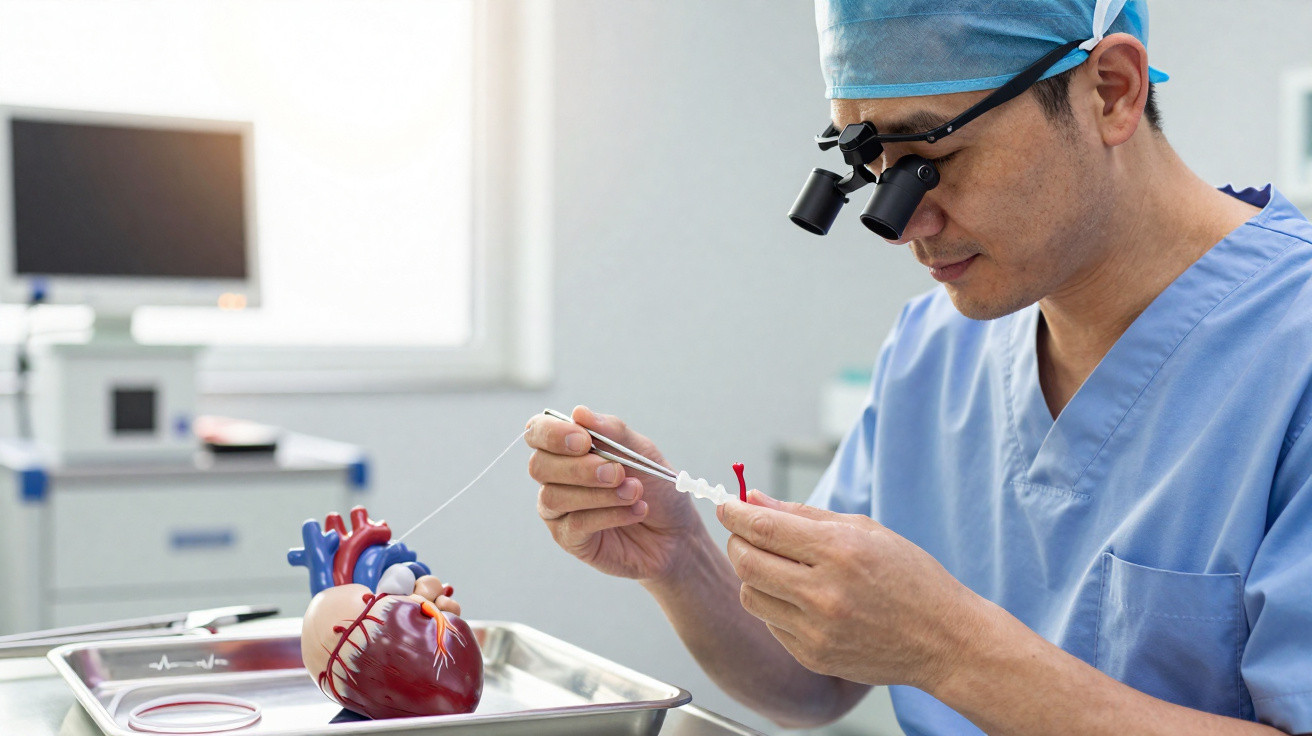Médico com equipamento de aumento a praticar cirurgia simulada num modelo anatómico do coração humano.