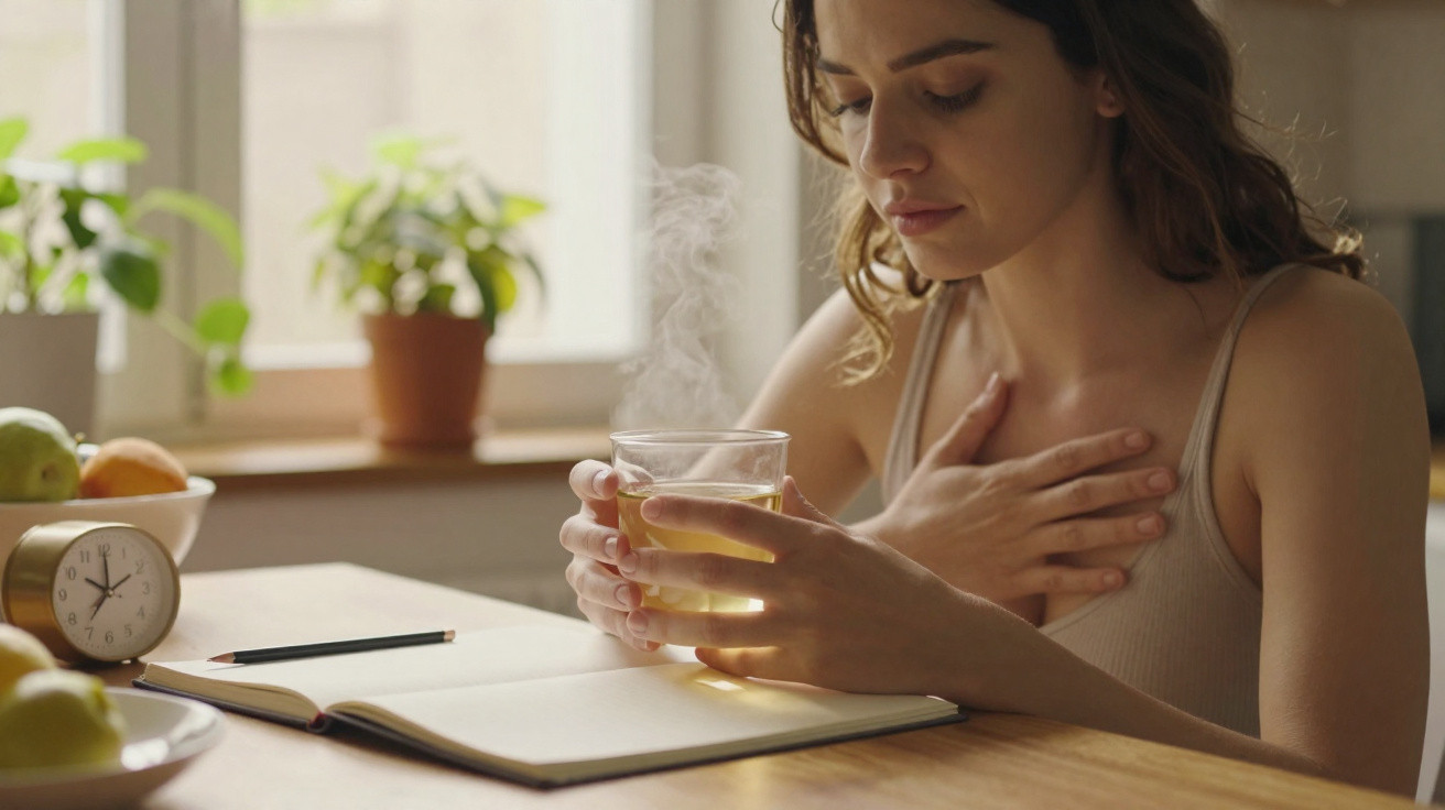 Mulher sentada à mesa com chá quente, mão no peito e livro aberto à sua frente, em luz natural.