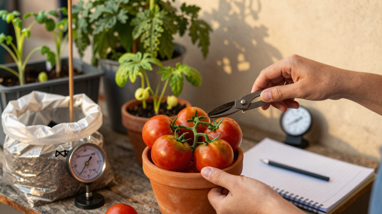 Pessoa a colher tomates vermelhos em vaso de barro numa área de cultivo caseira com plantas e material de jardinagem.
