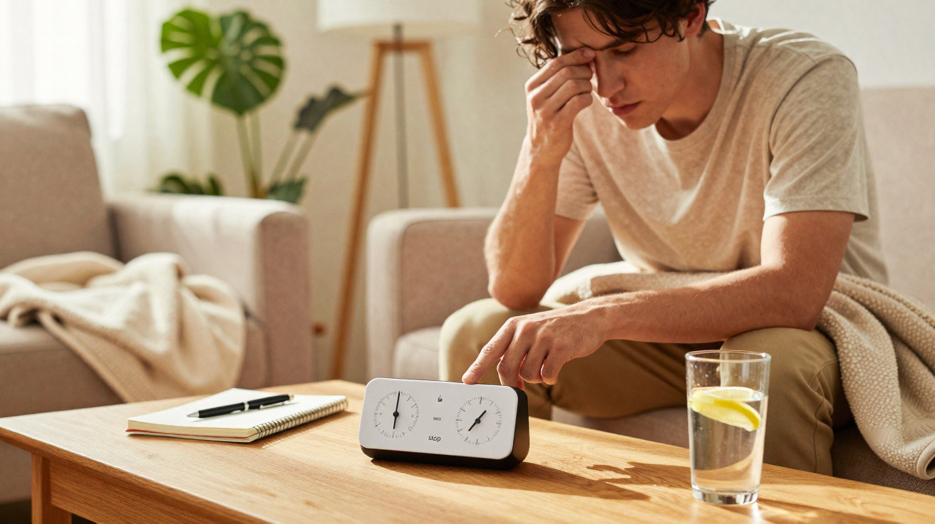 Homem cansado sentado no sofá, a desligar um temporizador numa mesa com copo de água e caderno.