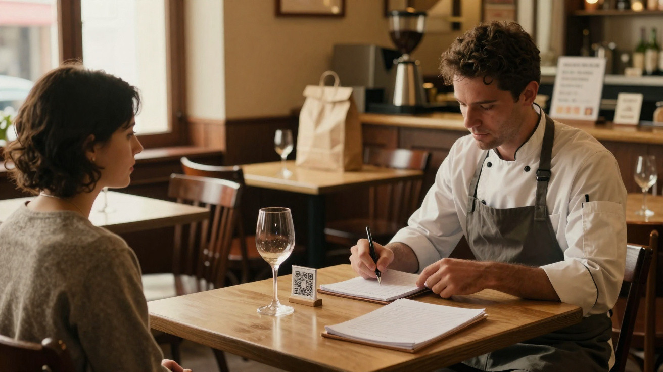 Chef com avental a tomar notas à mesa à conversa com cliente numa cafetaria acolhedora.