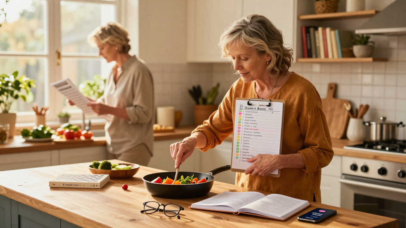 Duas mulheres na cozinha, uma a cozinhar legumes na frigideira e outra a ler uma lista perto da janela.
