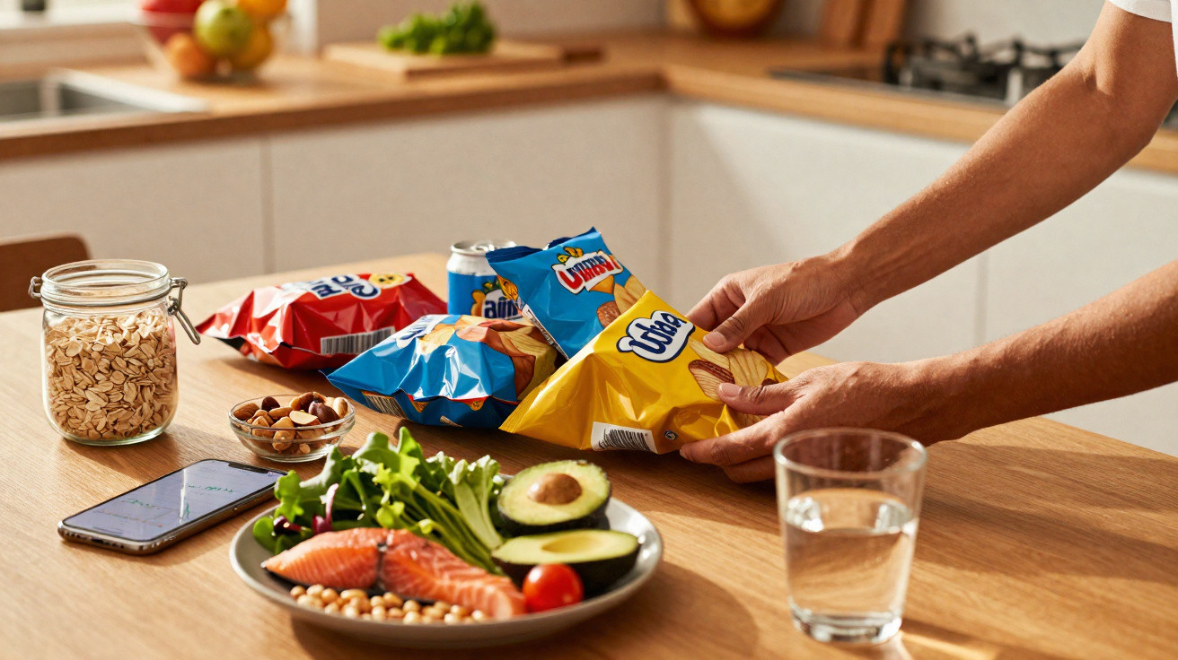 Mesa com alimentos variados, incluindo snacks, fruta, salmão e um copo de água, com duas mãos a pegar num pacote de batatas f