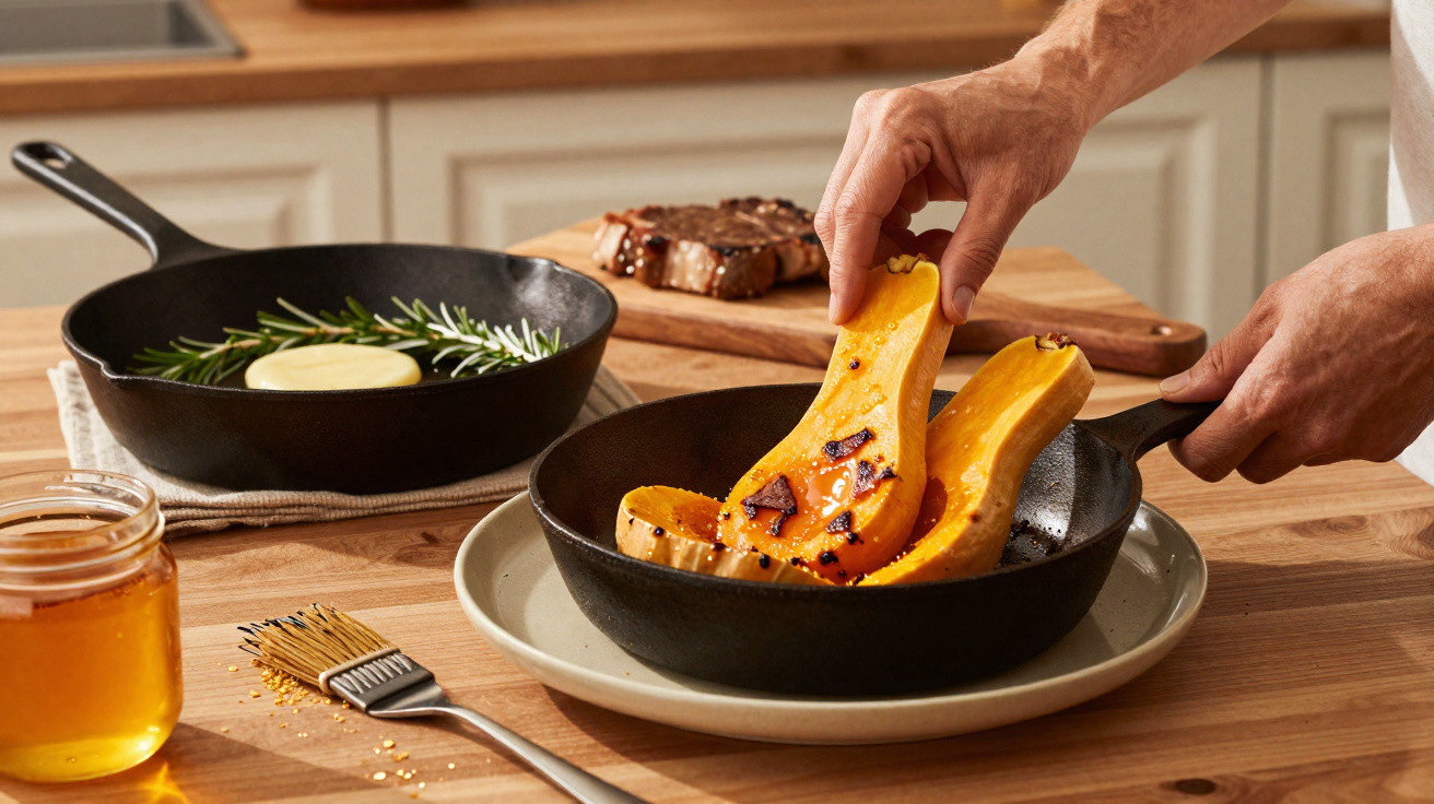 Mãos a colocar abóbora assada numa frigideira, com outra frigideira, mel e um bife ao fundo na cozinha.
