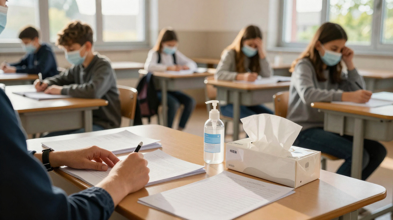 Aluno a fazer exame numa sala com colegas com máscara e materiais de higiene na secretária.