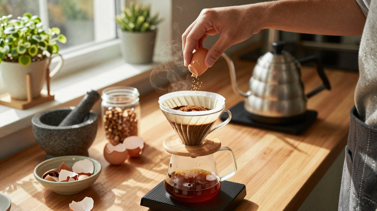 Pessoa a preparar café coado com filtro, com cascas de ovo a serem adicionadas num ambiente luminoso de cozinha.