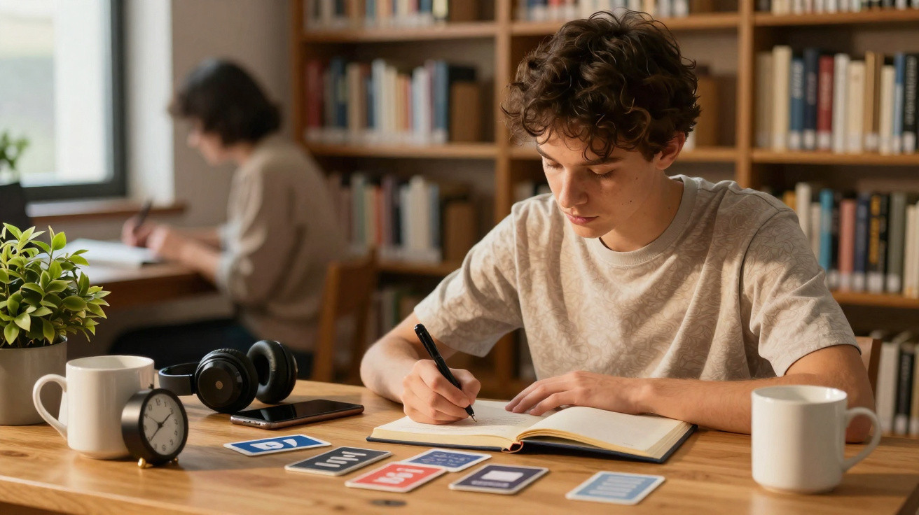 Jovem a escrever num caderno numa biblioteca com livros ao fundo e objetos sobre a mesa.