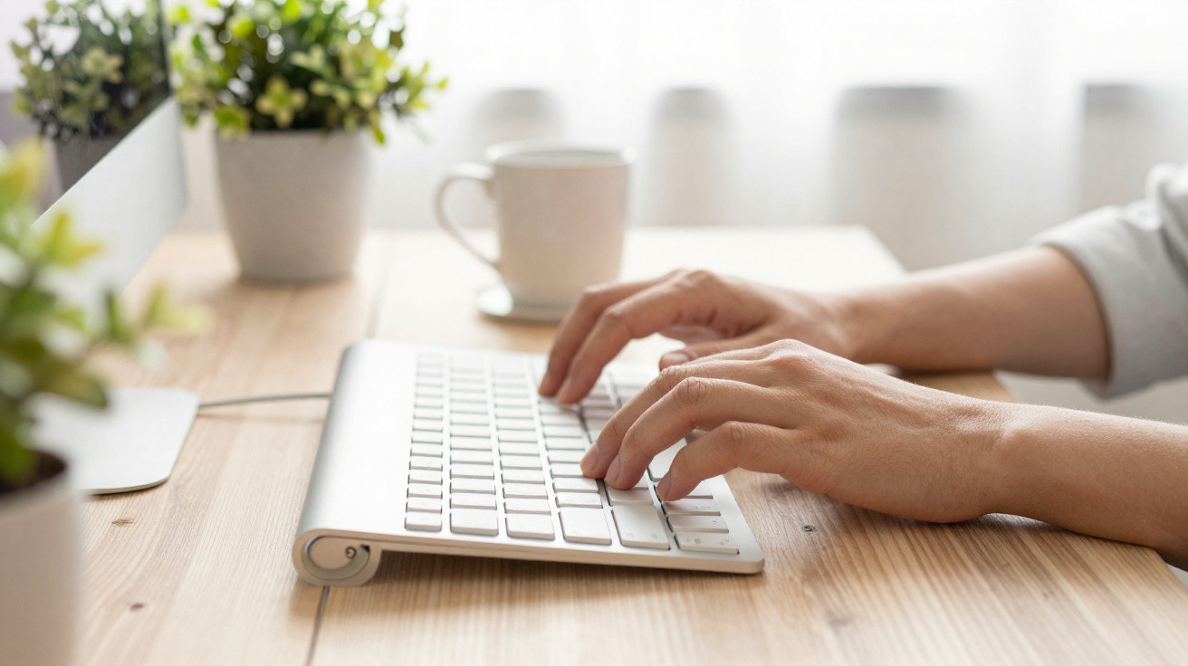 Mãos a escrever num teclado branco numa secretária de madeira com caneca e plantas ao fundo.