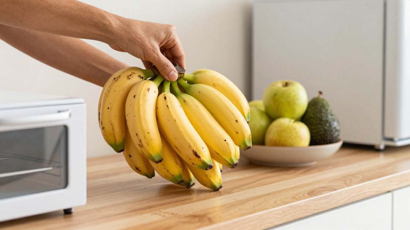 Pessoa a segurar um cacho de bananas maduras numa bancada de cozinha com maçãs e abacate.