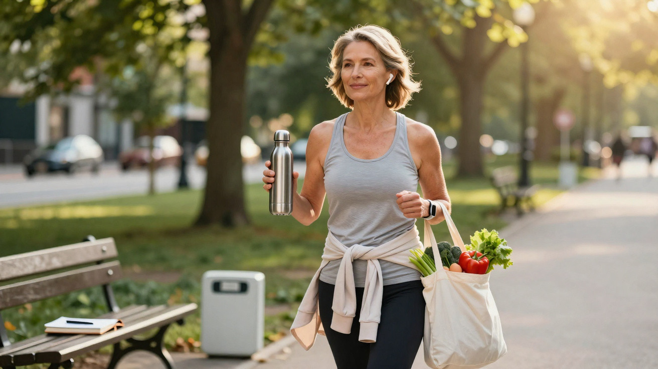 Mulher adulta a caminhar no parque com garrafa de água e saco de compras cheio de legumes.