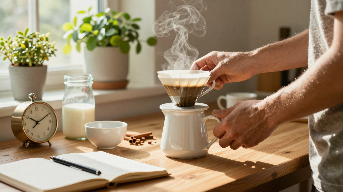 Pessoa a preparar café filtrado numa cafeteira branca, mesa de madeira com caderno, relógio e plantas.