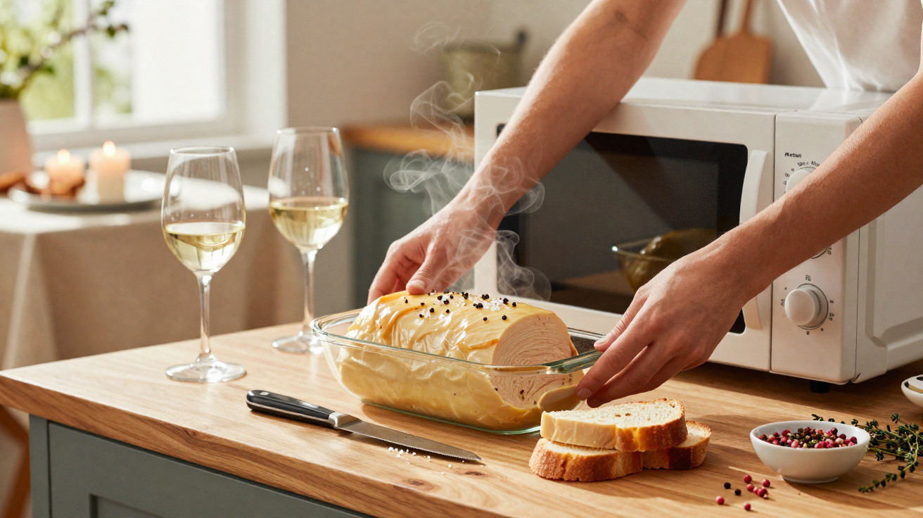 Pessoa a retirar prato com comida quente de micro-ondas numa cozinha com duas taças de vinho branco na bancada.