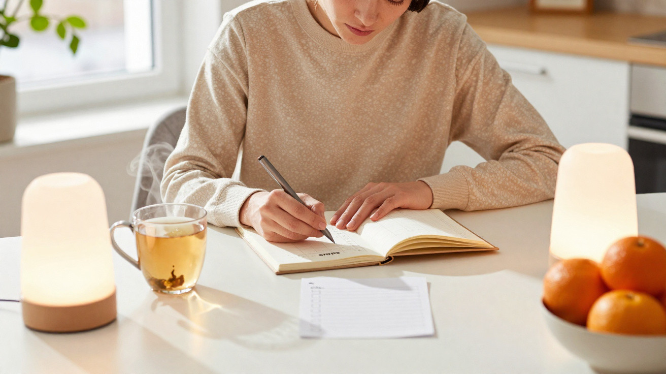 Pessoa a escrever num caderno numa mesa, com chá fumegante e duas lâmpadas acesas num ambiente acolhedor.
