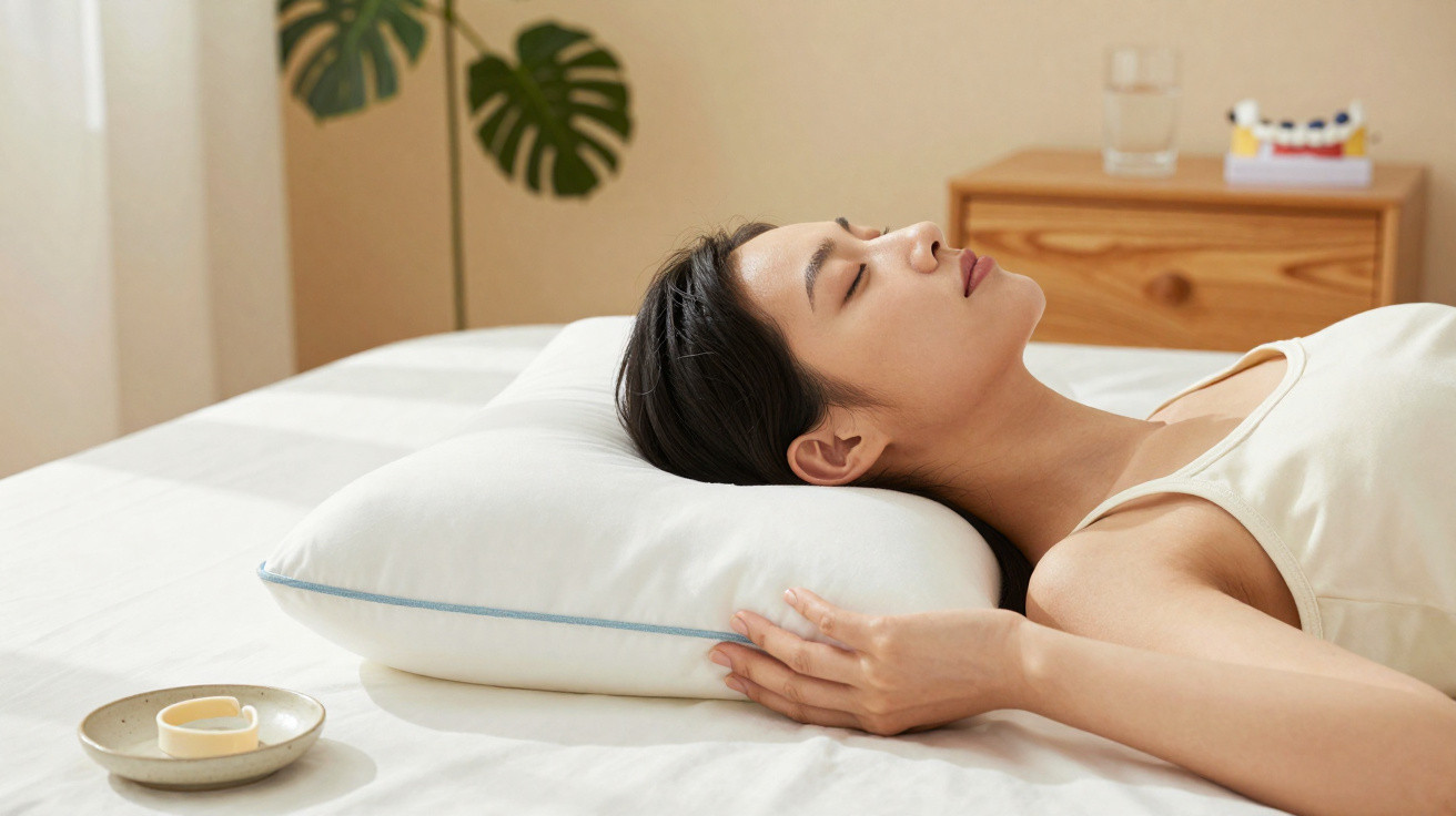 Mulher deitada de olhos fechados com camisola branca, descansando sobre almofada branca num quarto minimalista.