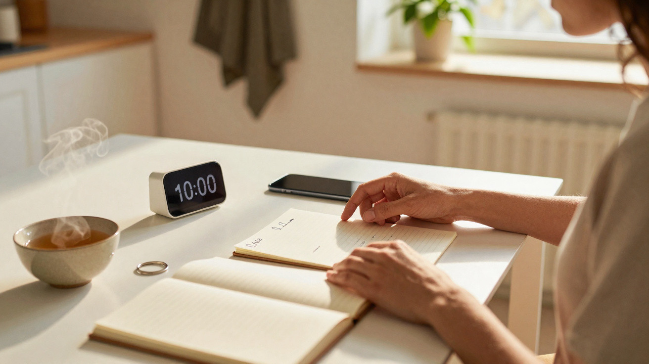 Pessoa a escrever num diário numa mesa com chá quente, relógio digital e smartphone próximo.