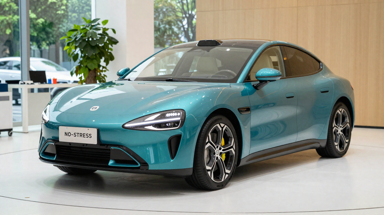 Carro elétrico azul esverdeado com design moderno em sala de exposição, placa "NO-STRESS".