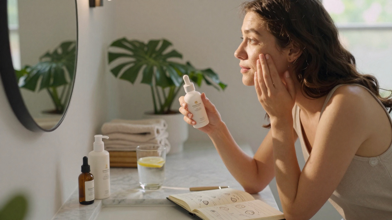 Mulher aplica serum no rosto junto a espelho com produtos de cuidados de pele numa bancada iluminada.