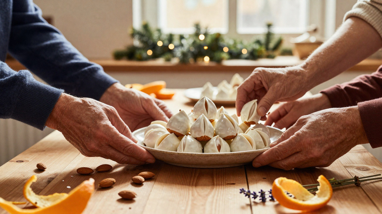 Duas pessoas mais velhas seguram um prato com doces em cone em cima de uma mesa de madeira com amêndoas e cascas de laranja.