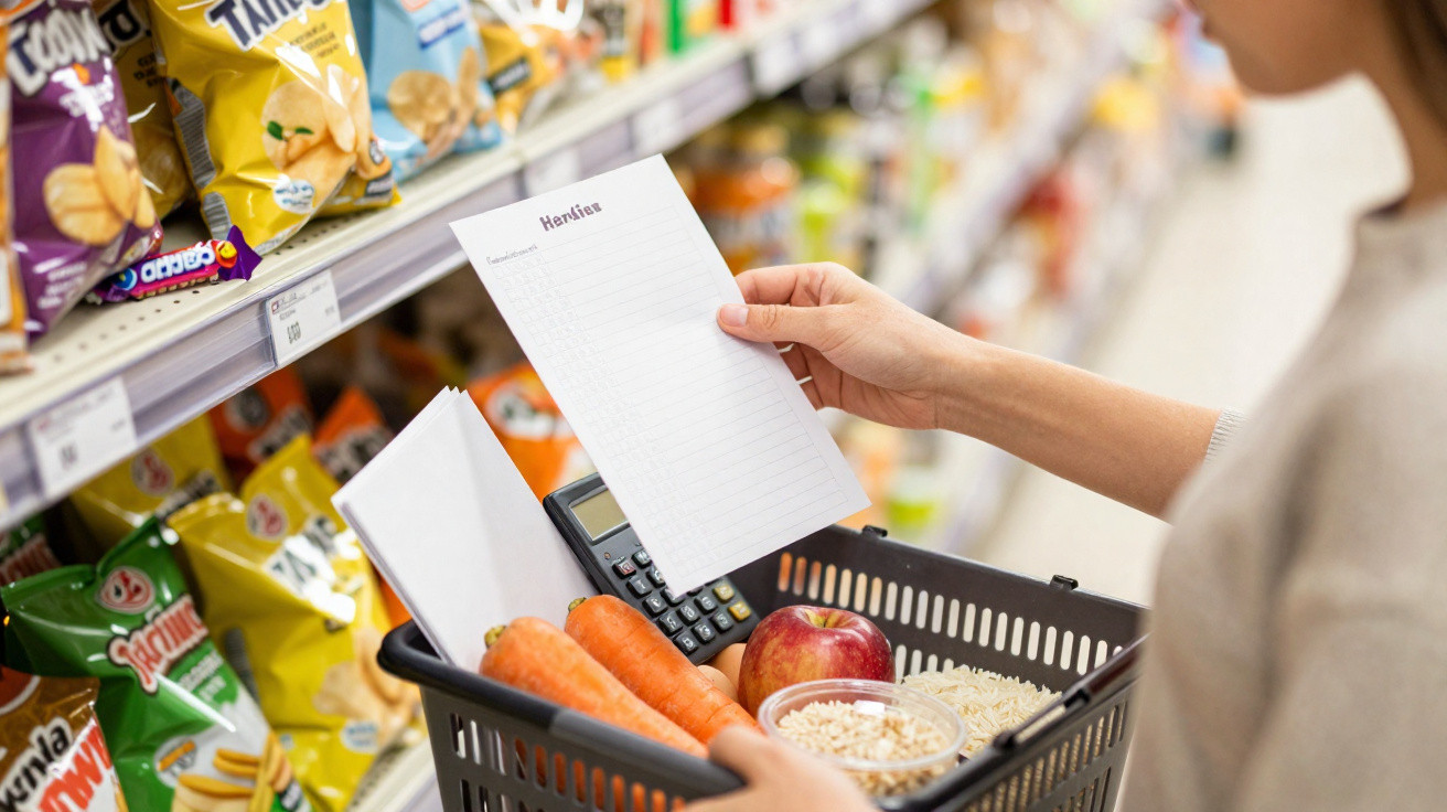 Pessoa a fazer compras com lista na mão e cesta com legumes e alimentos num supermercado.