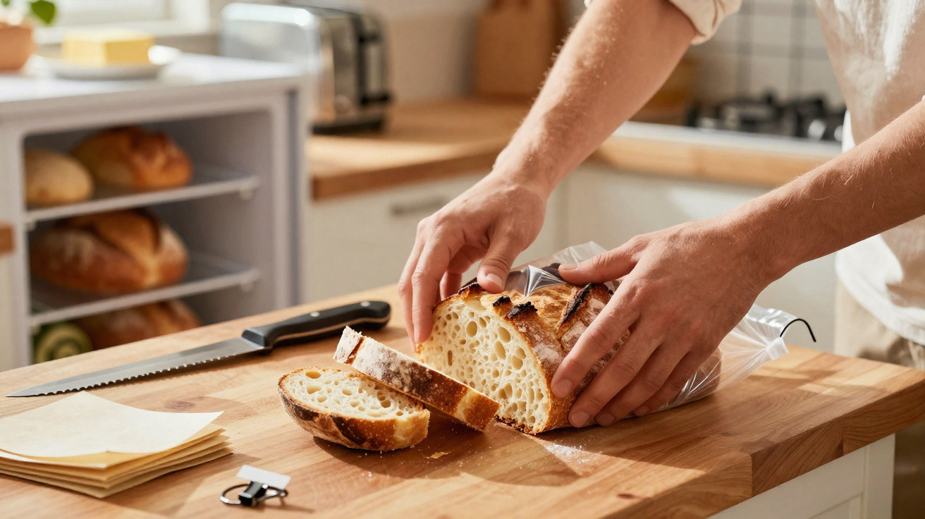 Pessoa a cortar pão artesanal numa cozinha com uma faca serrilhada sobre uma bancada de madeira.