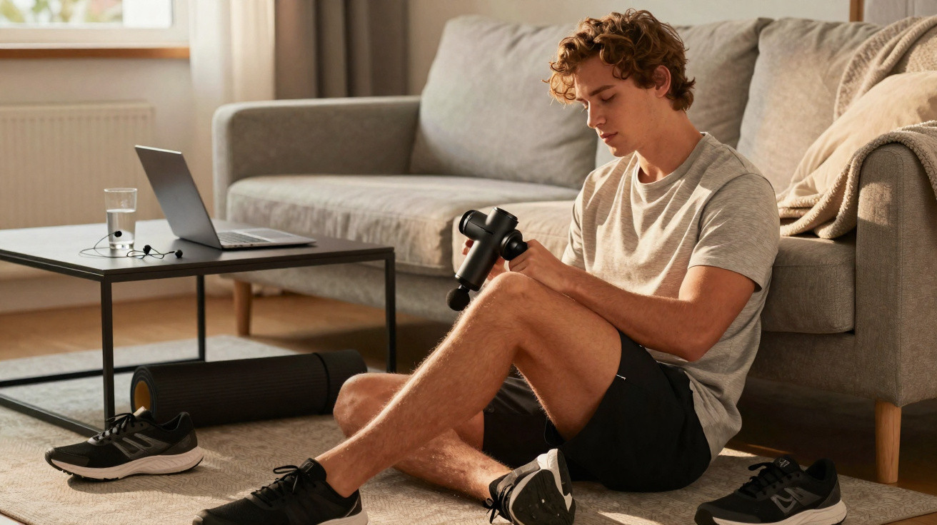 Jovem sentado no chão a usar pistola de massagem para as pernas numa sala com sofá e computador portátil.