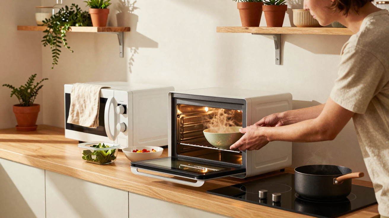 Pessoa a retirar tigela quente de forno elétrico numa cozinha moderna com micro-ondas e plantas.