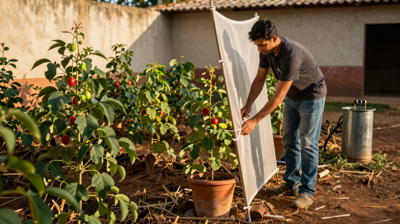 Homem a proteger planta com fruta vermelha usando um ecrã branco num jardim exterior.