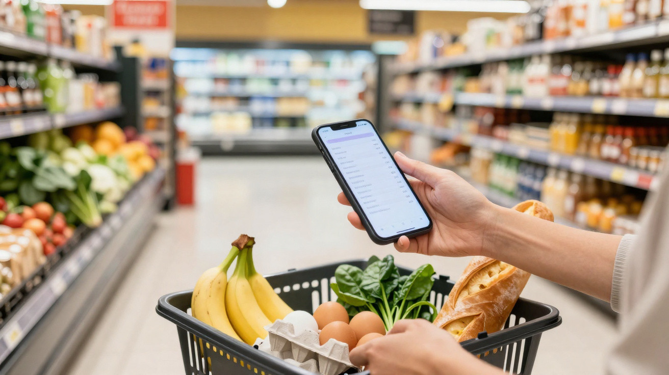 Pessoa com cesta de compras cheia de alimentos frescos e telemóvel a consultar lista no supermercado.
