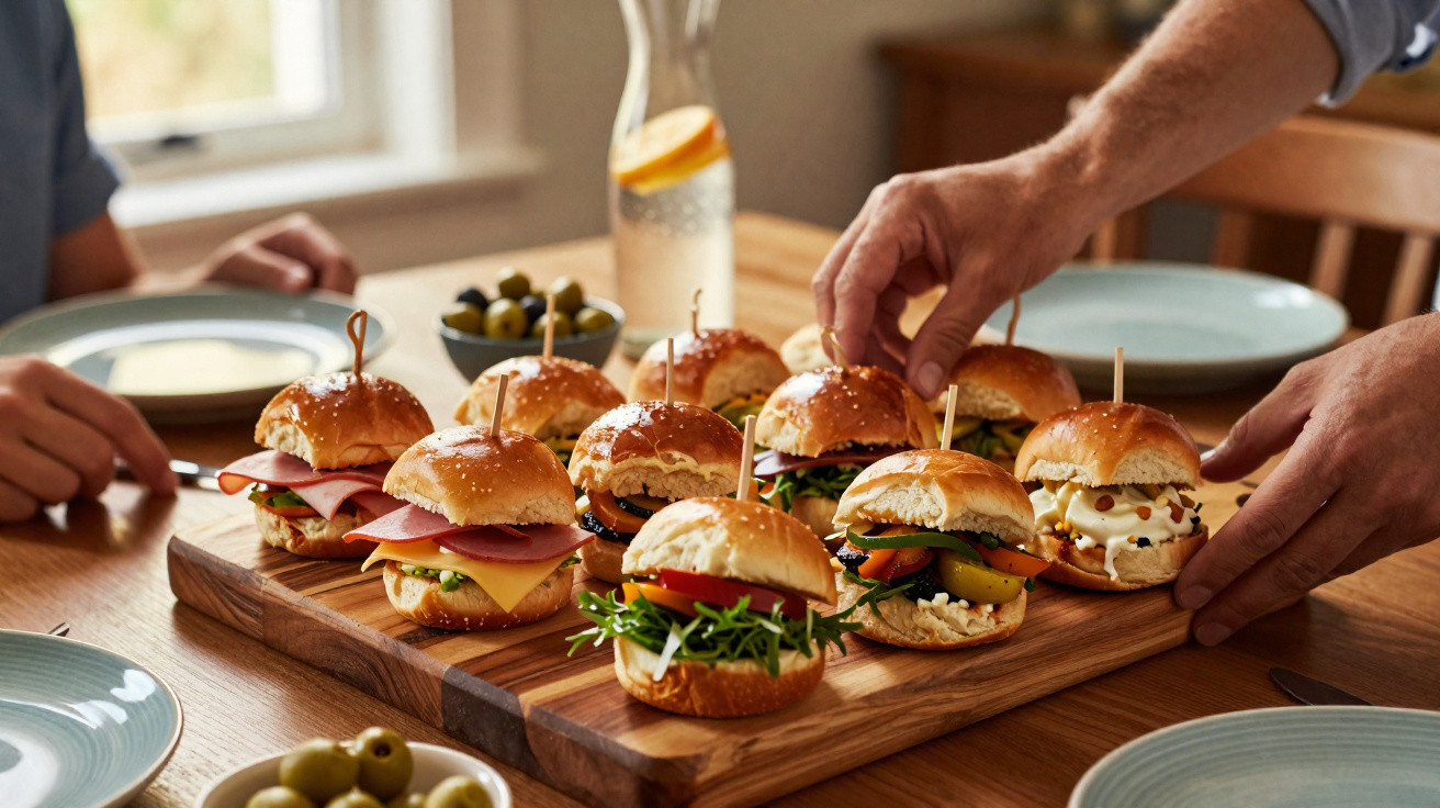 Mesa com tábuas de madeira cheias de mini hambúrgueres variados e mãos a servir numa refeição casual.
