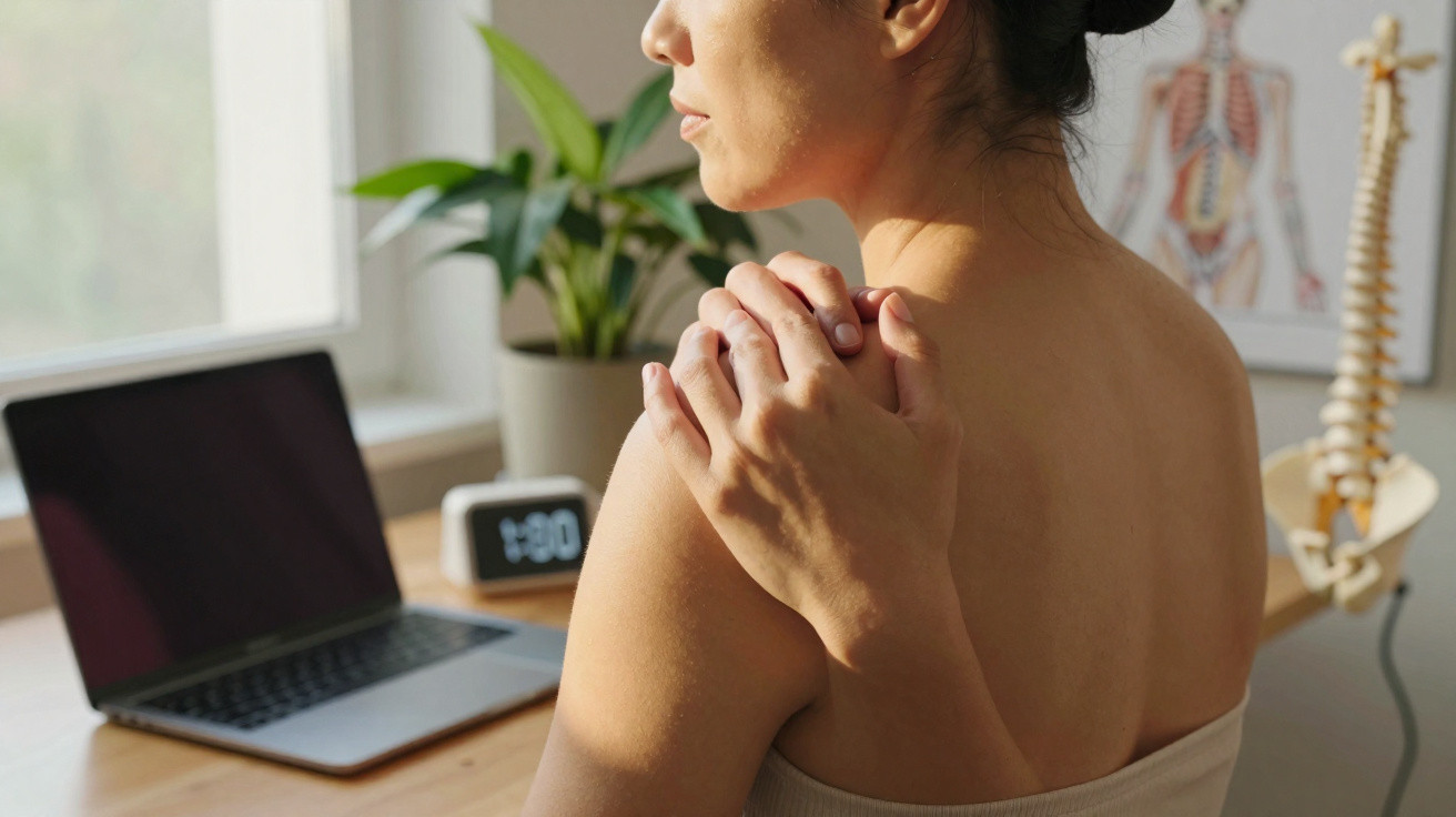 Mulher a tocar no ombro com expressão de dor num consultório de fisioterapia com laptop e modelo de esqueleto.