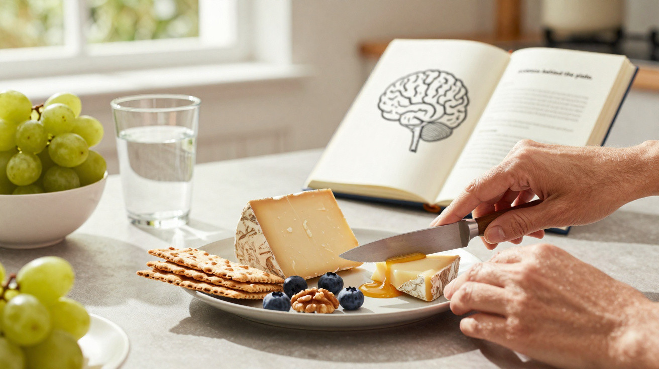 Pessoa a cortar queijo num prato com frutos secos, mirtilos, bolachas e uvas, com livro aberto ao fundo.