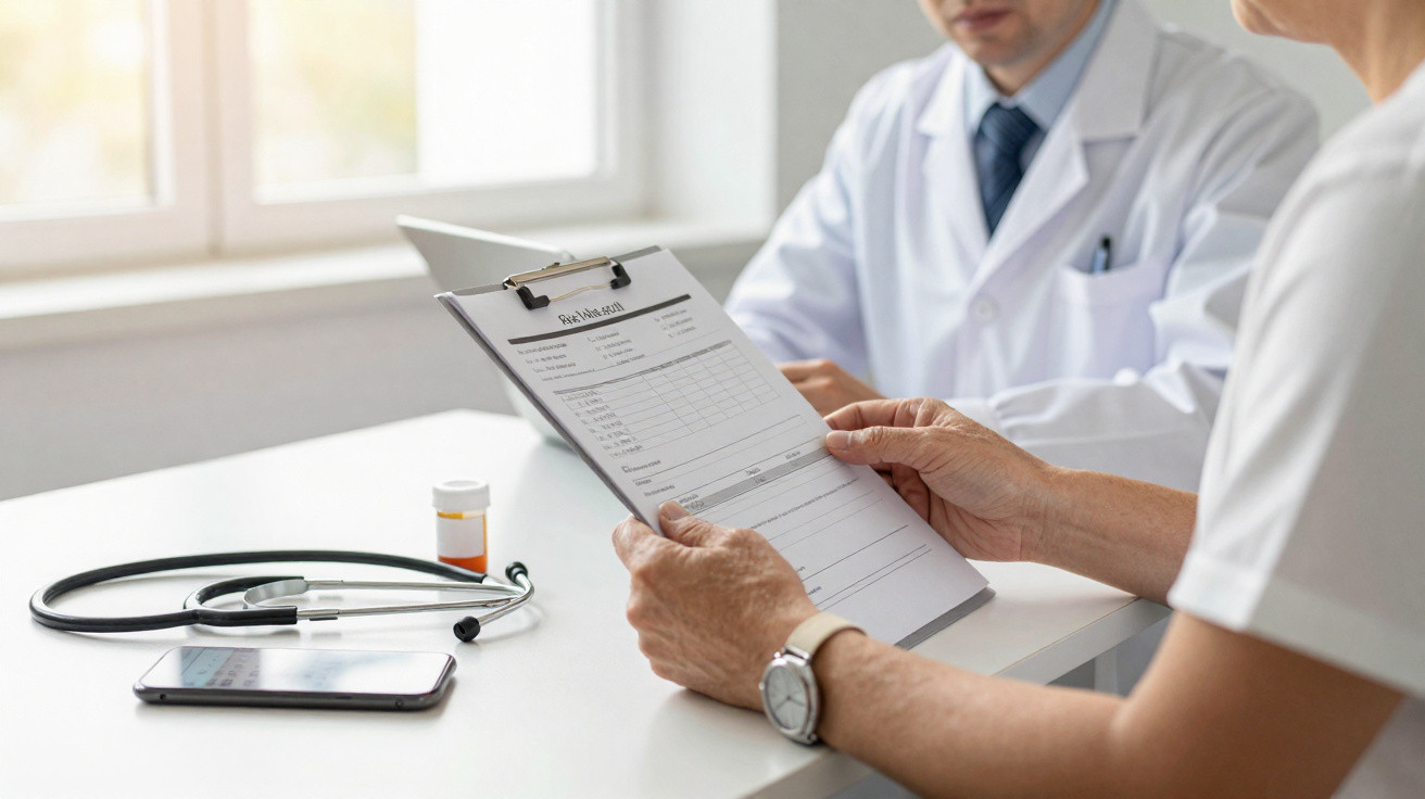Paciente a receber explicações médicas de profissional de saúde durante consulta num consultório.