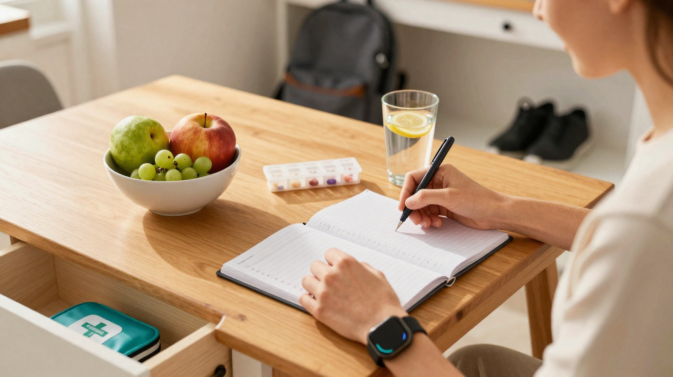 Pessoa a escrever num caderno numa mesa com taça de fruta, caixa de medicamentos e copo de água com limão.