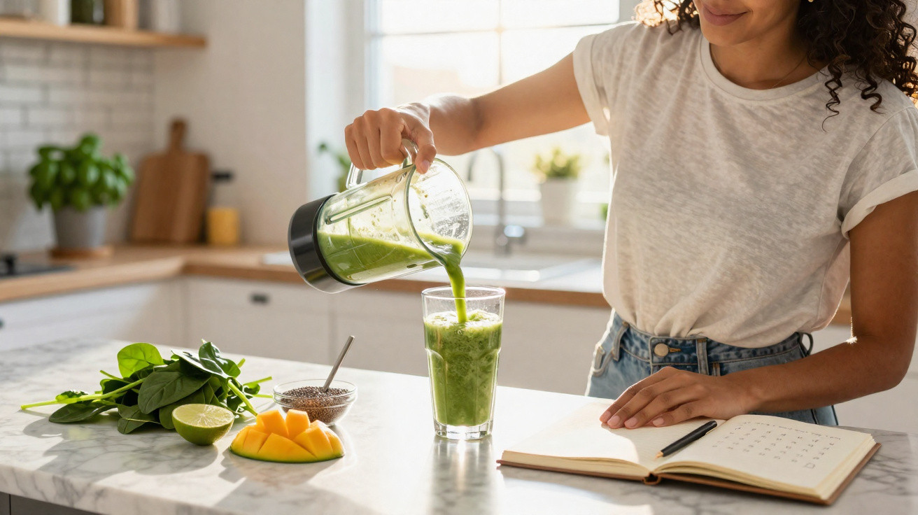 Pessoa a verter smoothie verde num copo na cozinha com ingredientes frescos e caderno aberto na bancada.