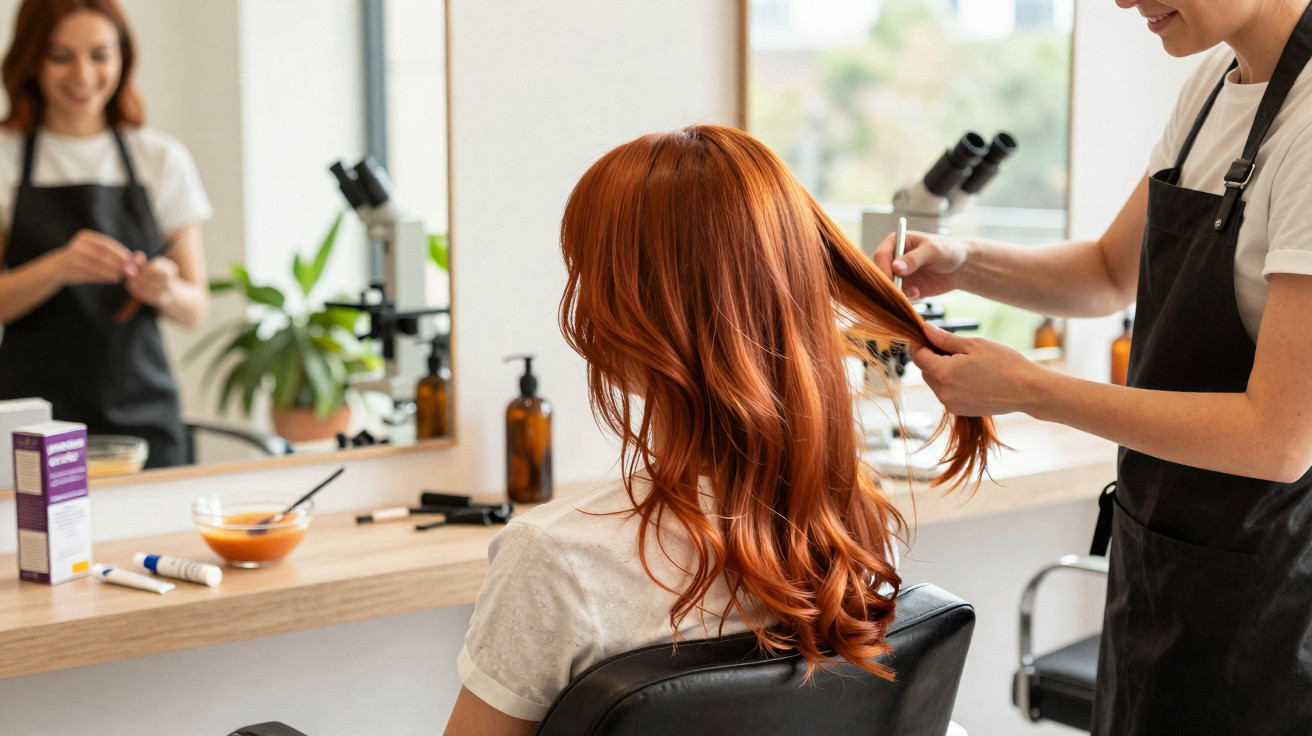 Cabeleireiro a cortar cabelo ruivo ondulado de uma mulher sentada numa cadeira de salão.