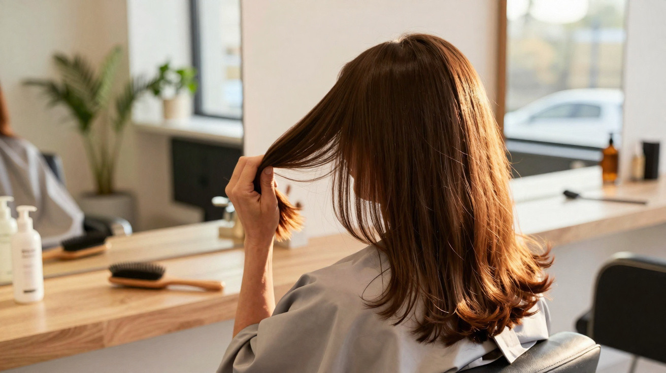 Mulher sentada de costas num cabeleireiro a segurar e observar o cabelo castanho liso e brilhante.
