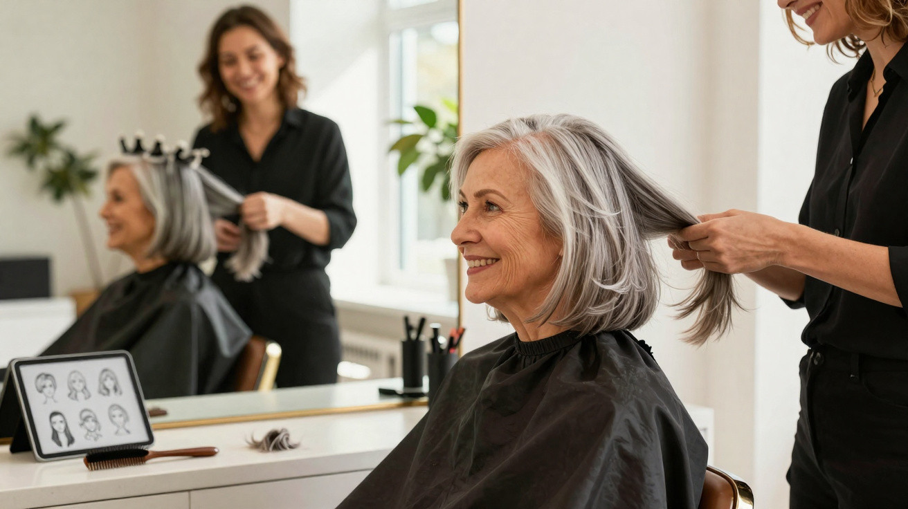 Mulher idosa sorridente no cabeleireiro a experimentar corte de cabelo com estilista profissional.