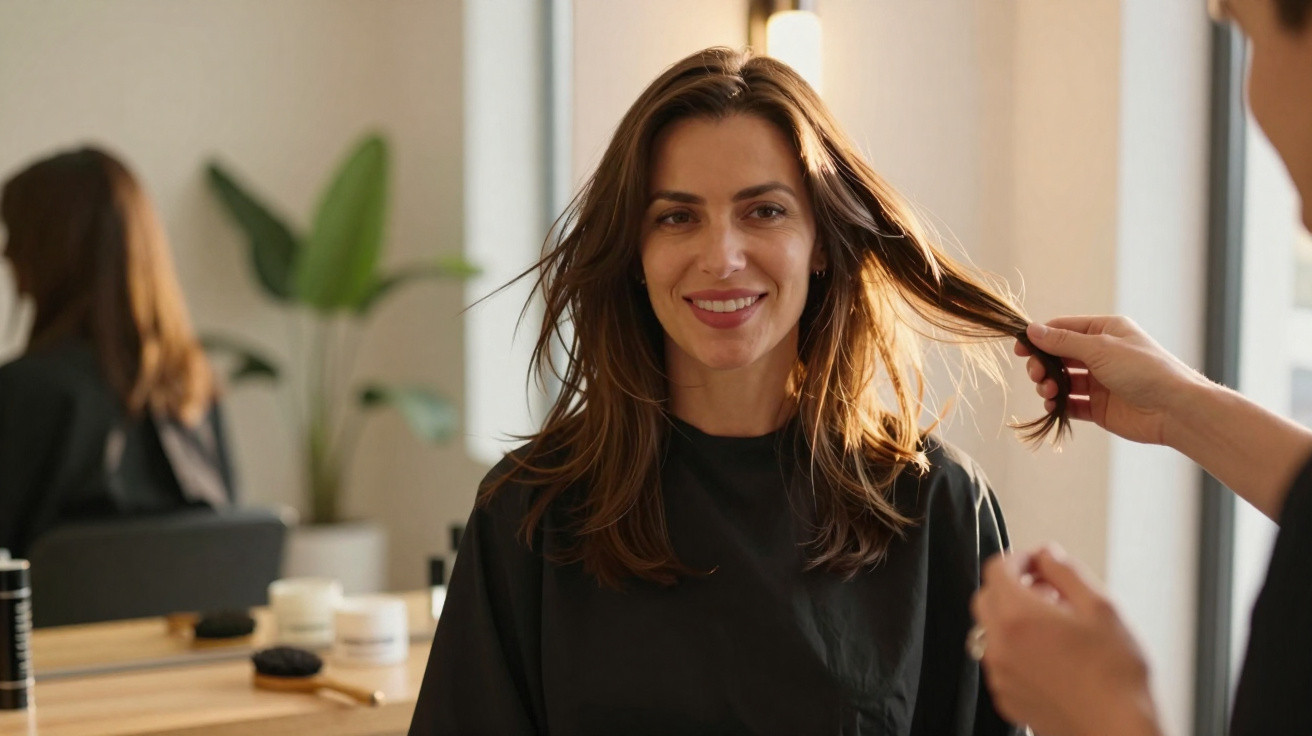 Mulher sorridente sentada no cabeleireiro enquanto o cabeleireiro segura o seu cabelo castanho.
