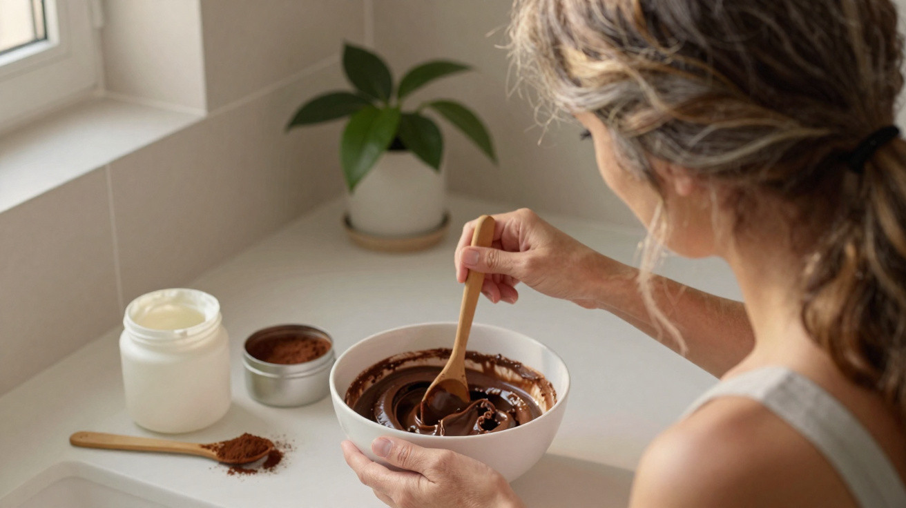 Pessoa a misturar ingredientes de um creme caseiro de chocolate numa taça branca numa bancada branca.
