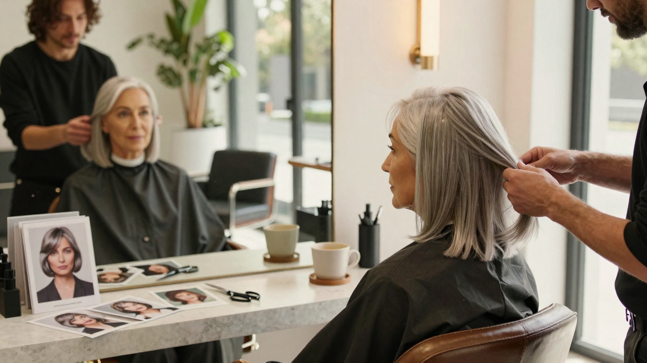 Mulher idosa com cabelo grisalho sentada no cabeleireiro enquanto estilista arruma o seu cabelo.