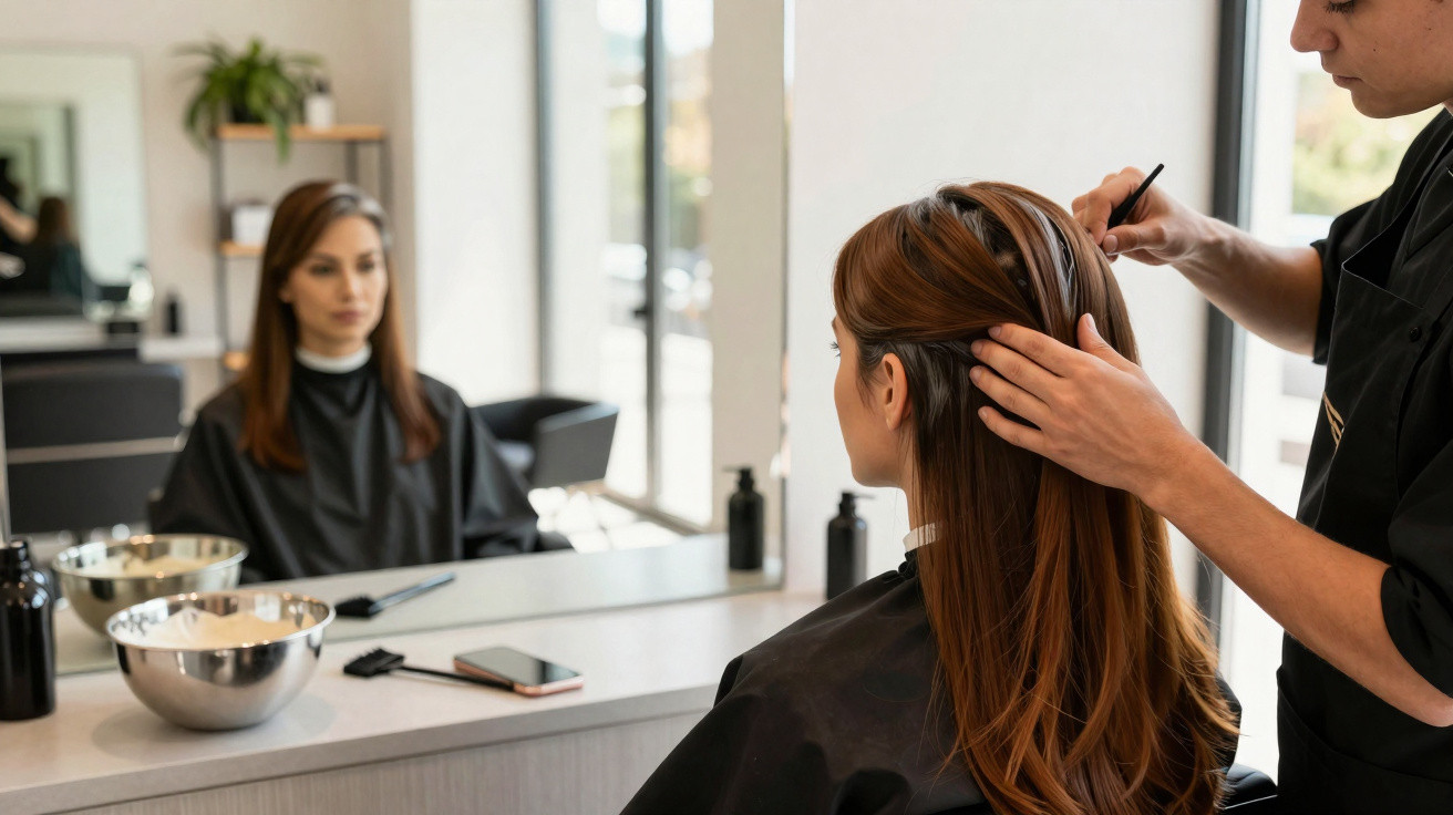 Mulher sentada num salão de cabeleireiro a ter o cabelo preparado pelo cabeleireiro.