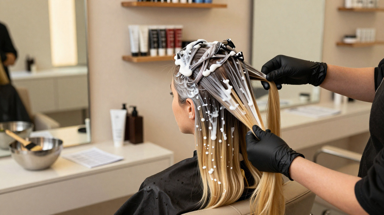 Pessoa num cabeleireiro com cabelo loiro a receber tratamento com creme branco aplicado por um profissional com luvas pretas.