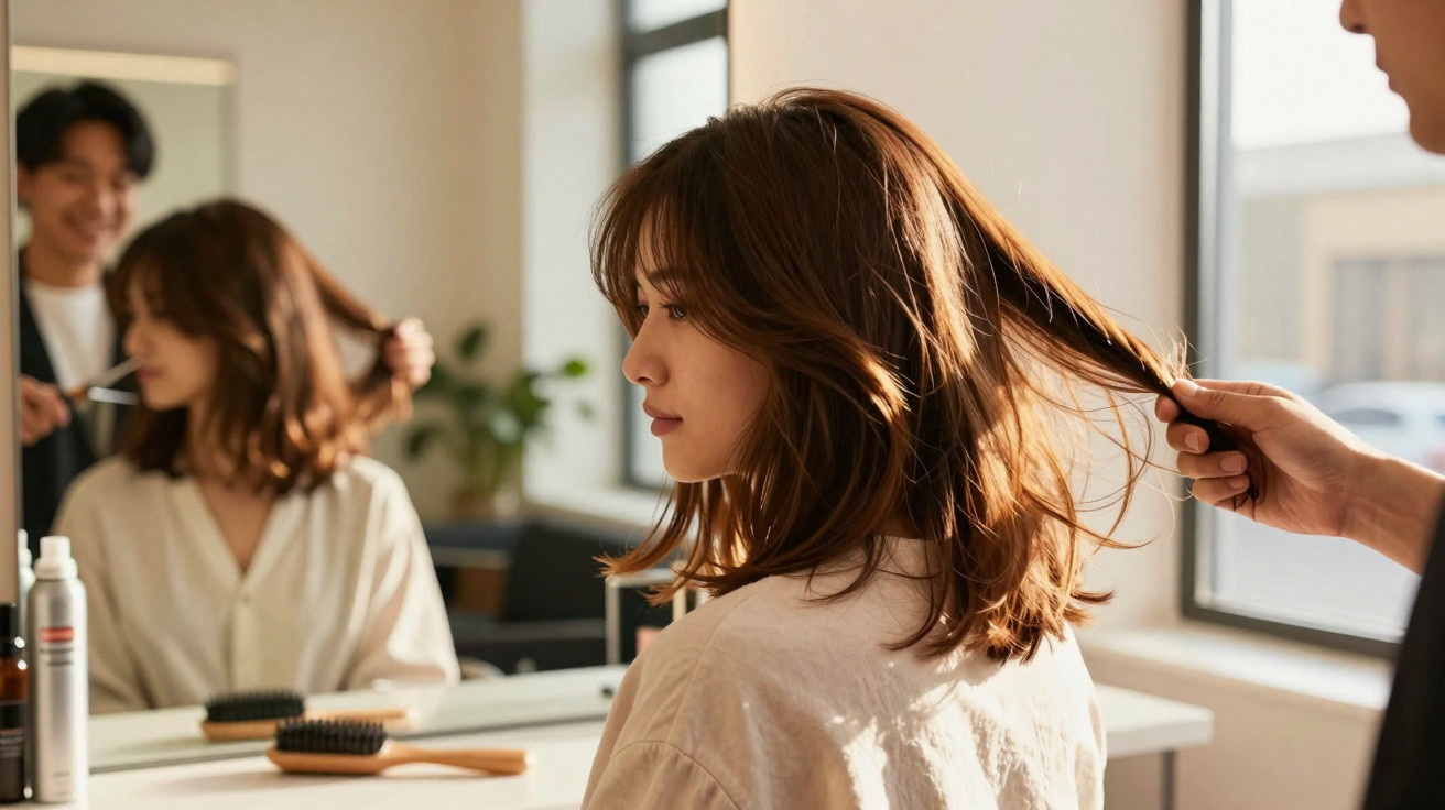Mulher sentada num salão de beleza a ter o cabelo penteado por um cabeleireiro.